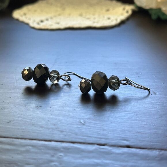 Handmade Glass Bead Earrings 1.5in Hooks Black Coated Beads Dark Silver Tone - Picture 5 of 14